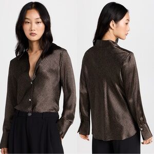 Vince Silk Bias Brushed Houndstooth Blouse In Black/Camel Size Large